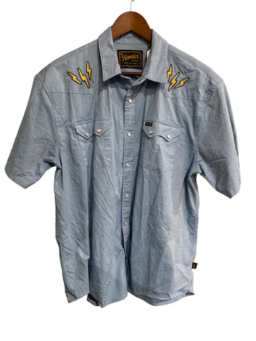 Howler Bros. Mens Pearl Snap Lightning Bolt Western Short Sleeve Shirt Blue Large